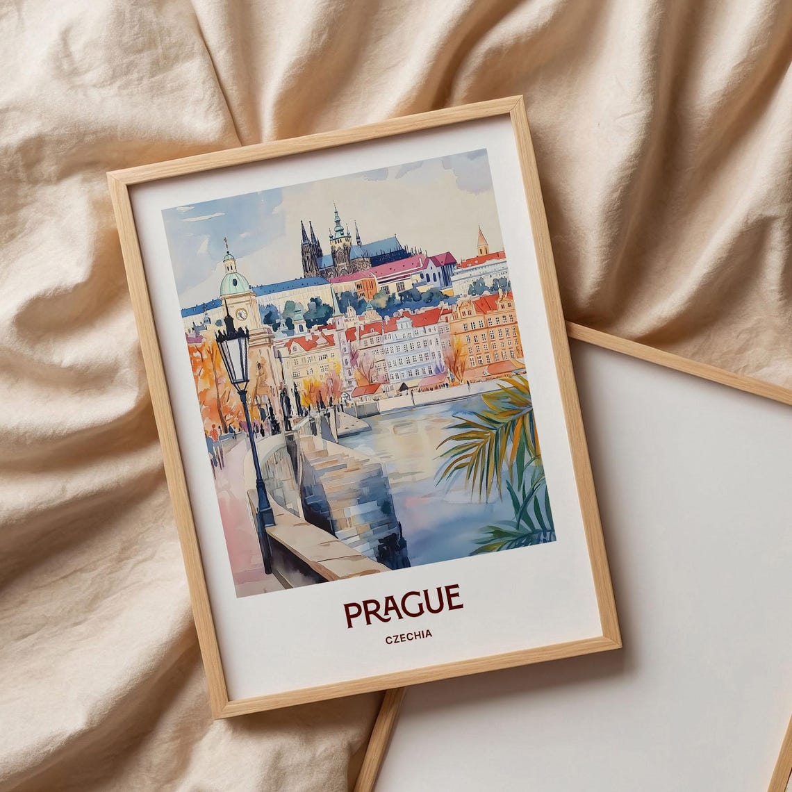 Prague Czechia Pastel Castle Bridge Riverside Cityscape Poster - Image 3
