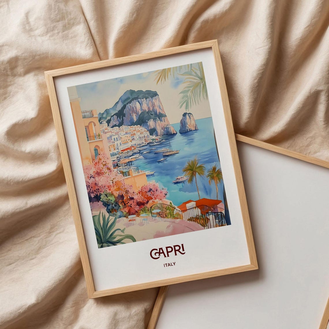 Capri Italy Watercolor Faraglioni Rocks Coast Harbor View Poster - Image 3