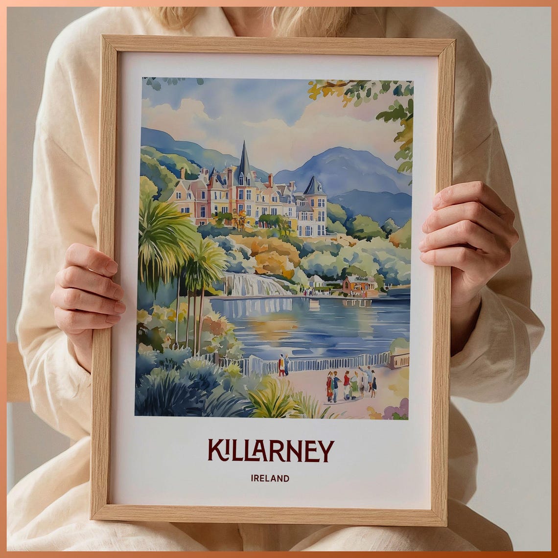 Killarney Ireland Lakeside Mansion Gardens Watercolor Travel Poster