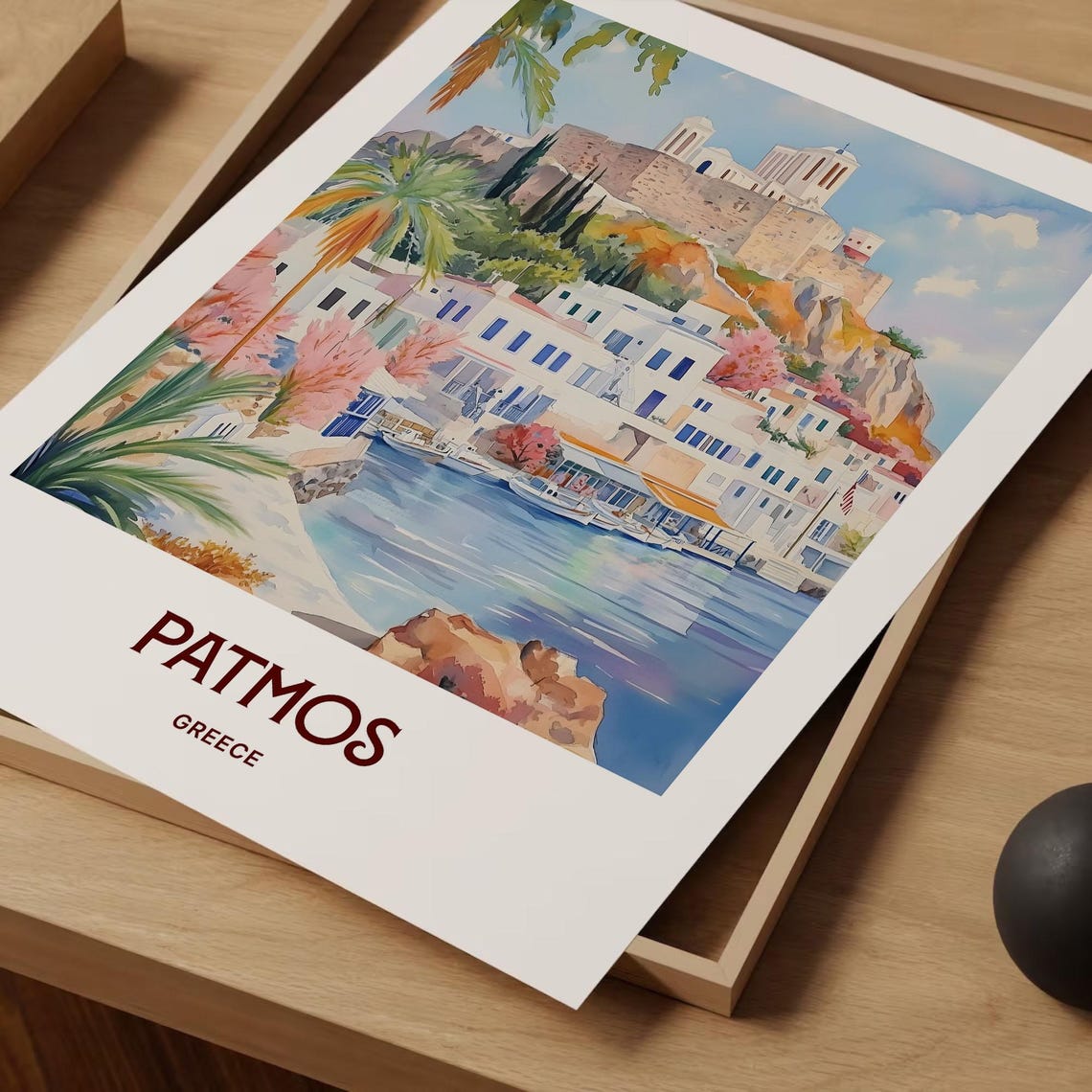 Patmos Greece Watercolor Aegean Island Harbor Monastery Poster - Image 2