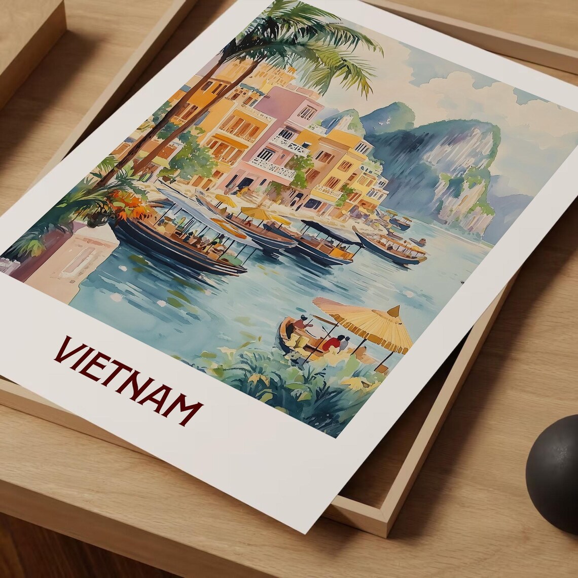 Vietnam Limestone Karst Bay Boats Watercolor Travel Poster Harbor - Image 2