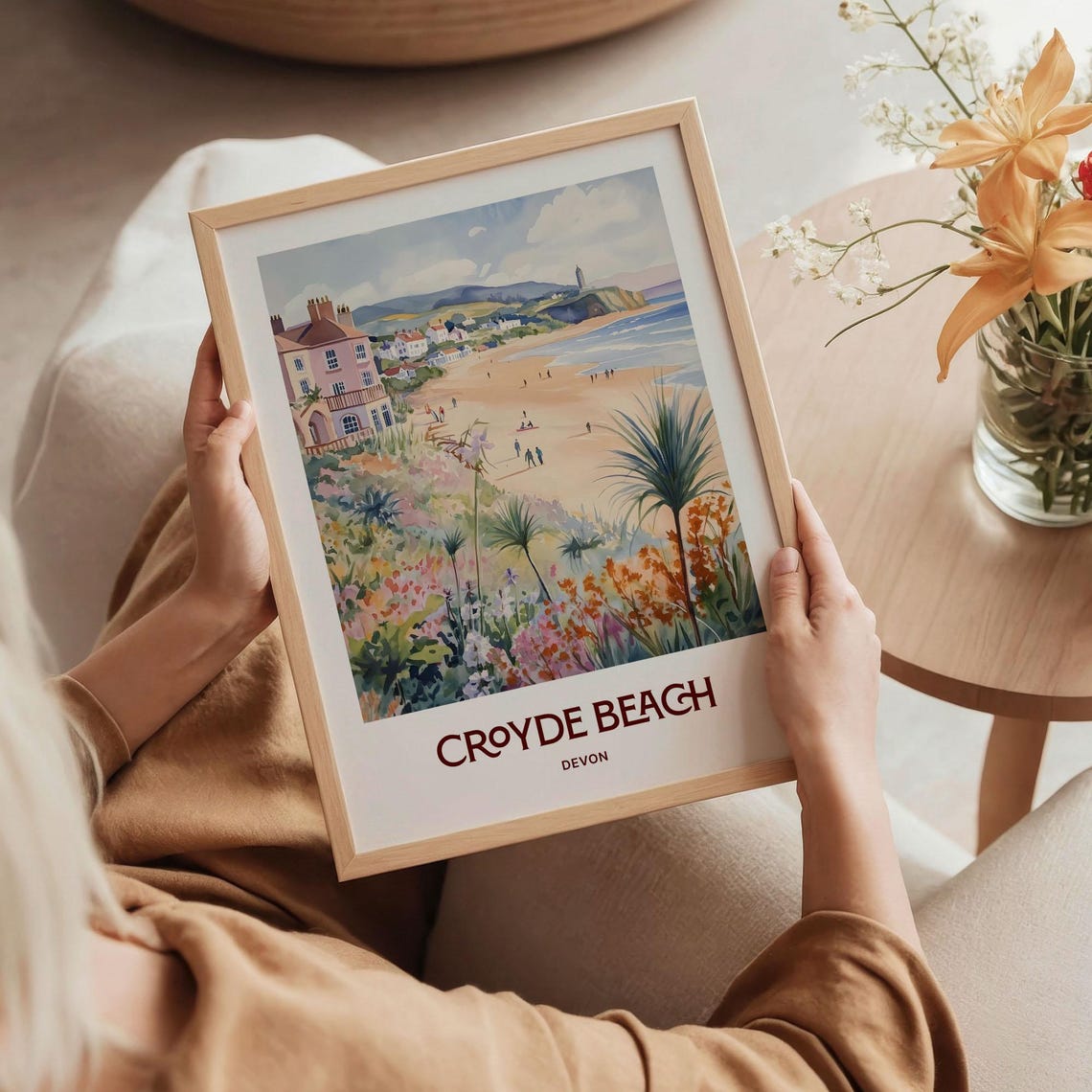 Croyde Beach Devon Coast Surf Wildflowers Watercolor Travel Poster - Image 5