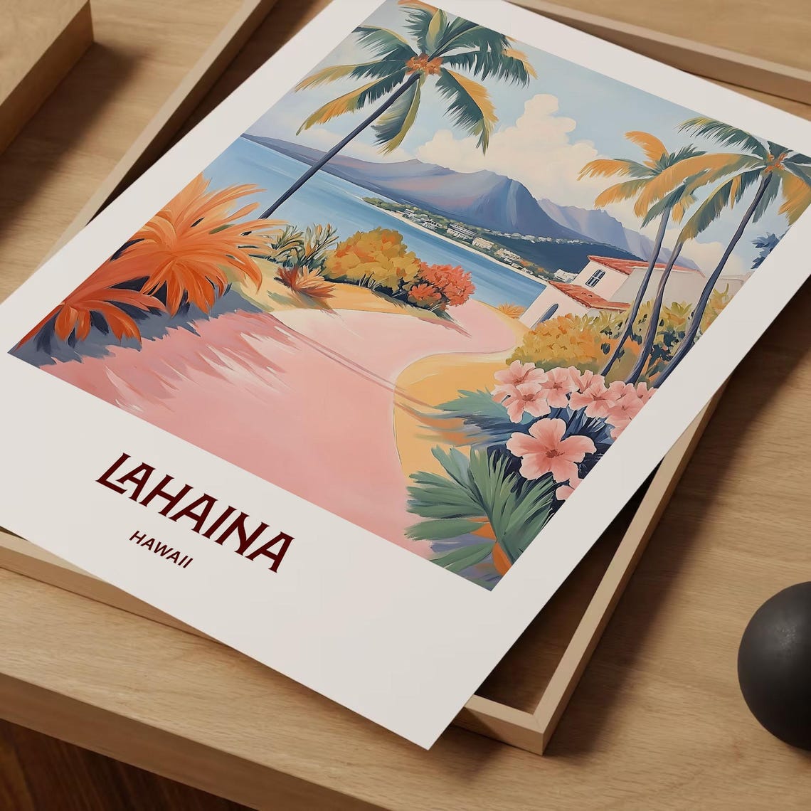 Lahaina Hawaii Tropical Bay Palm Trees Hibiscus Travel Art Poster - Image 2