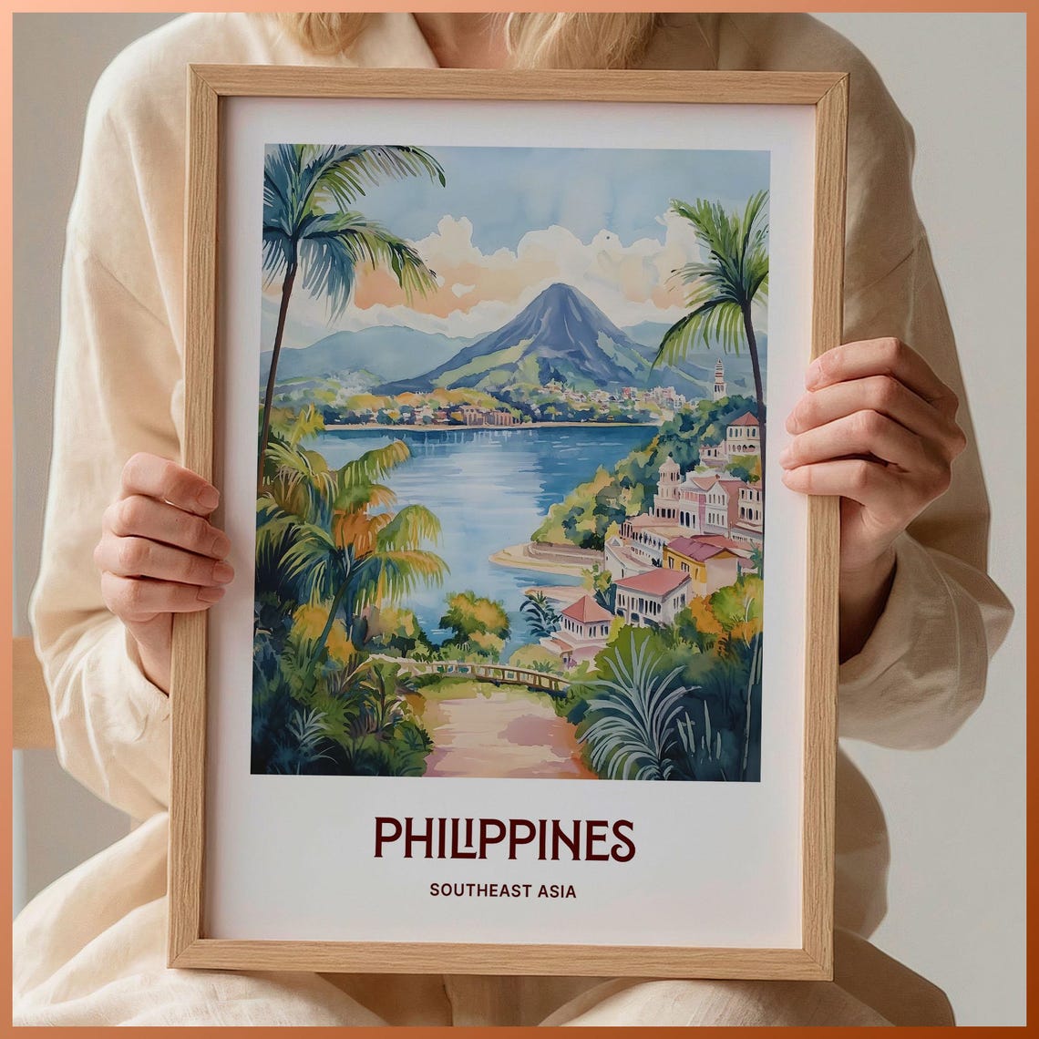 Philippines Volcano Lake Tropical Town Watercolor Travel Poster