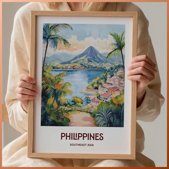 Philippines Volcano Lake Tropical Town Watercolor Travel Poster