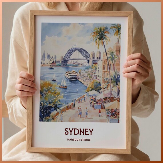 Sydney Australia Harbour Bridge Watercolor Waterfront Travel Poster