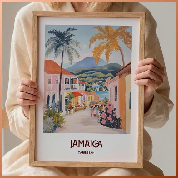 Jamaica Caribbean Harbor Town Palms Tropical Travel Art Poster
