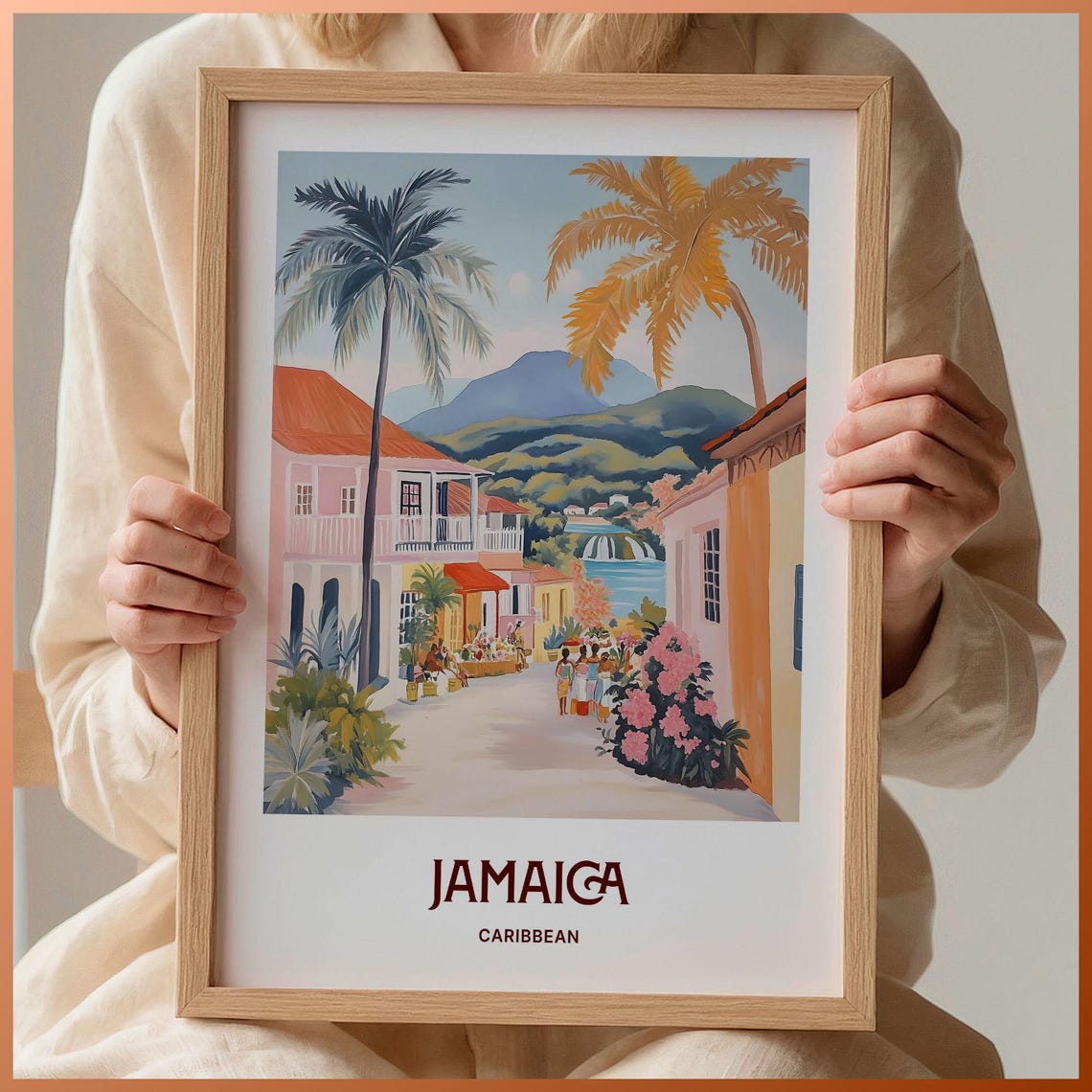 Jamaica Caribbean Harbor Town Palms Tropical Travel Art Poster