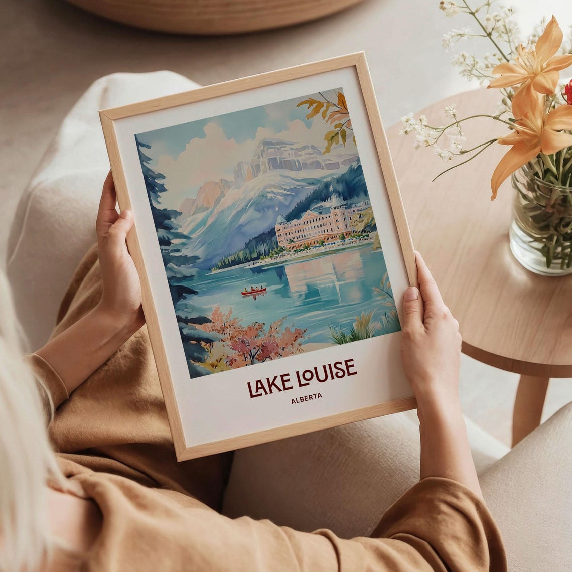 Lake Louise Alberta Canoe Mountain Lake Watercolor Art Poster - Image 5