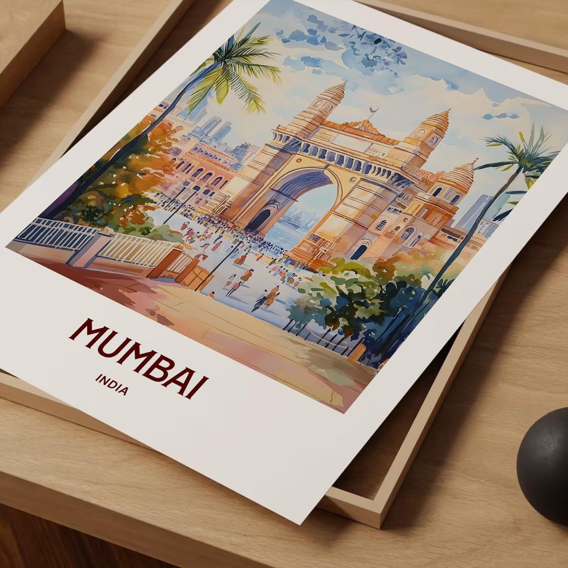 Mumbai India Gateway Arch Crowded Square Watercolor Travel Poster - Image 2