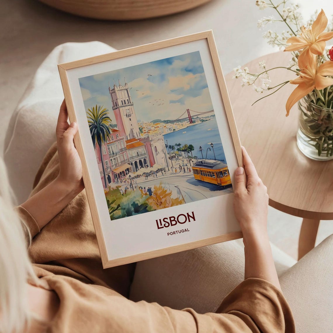 Lisbon Portugal Riverside Tram Bridge Watercolor Travel Poster - Image 5