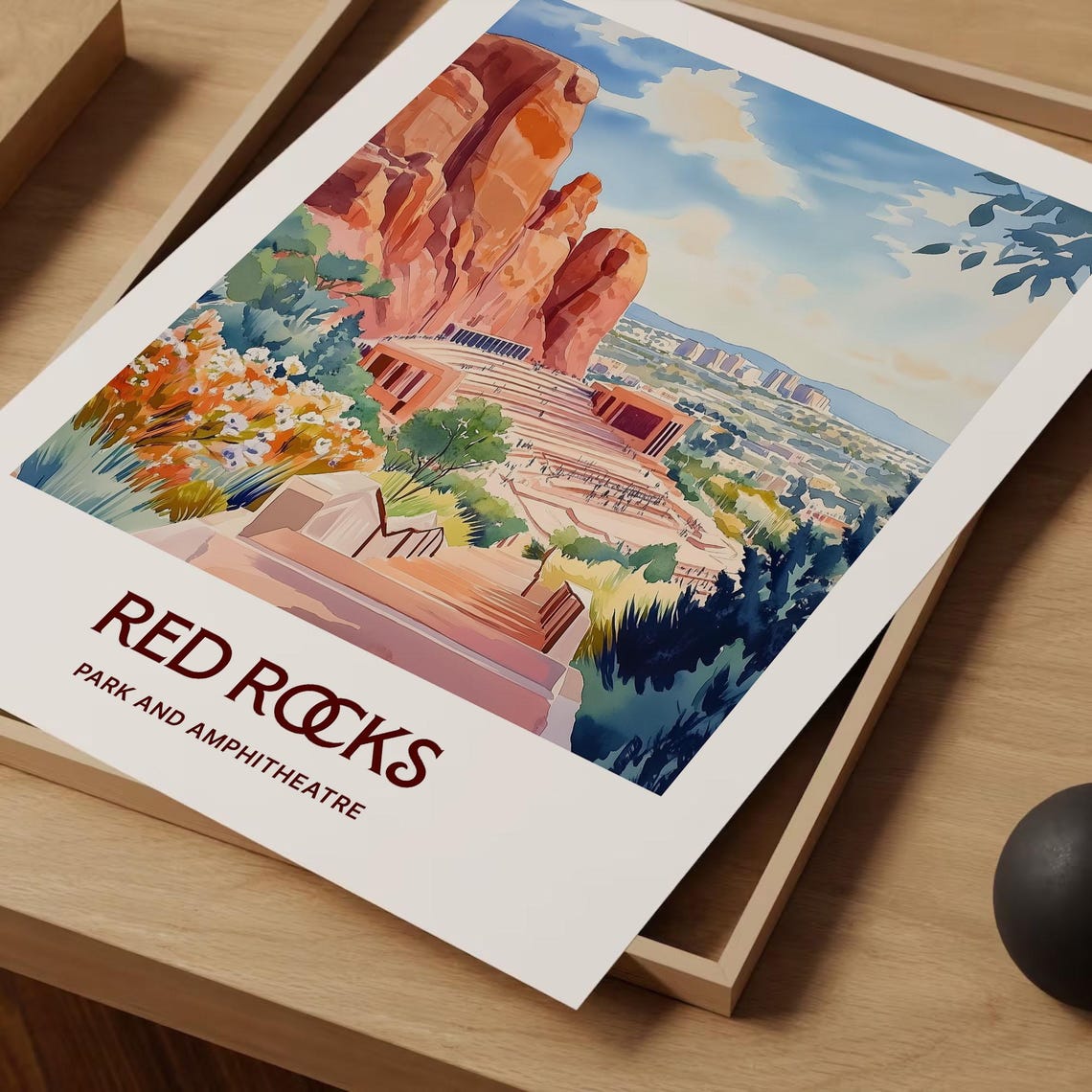 Red Rocks Amphitheatre Colorado Park Watercolor Travel Poster - Image 2