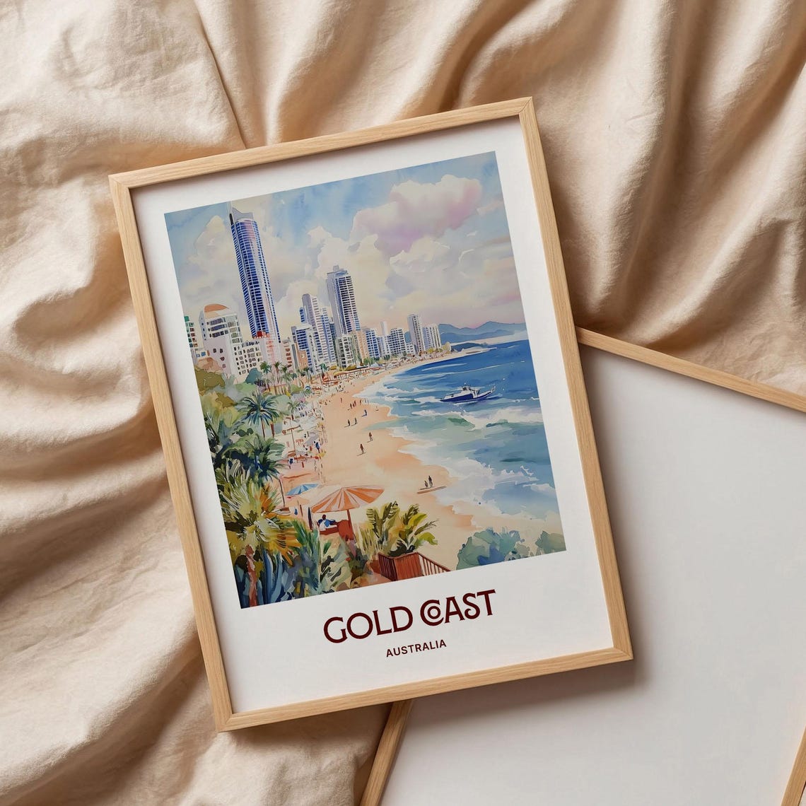 Gold Coast Australia Beach Skyline Surf Watercolor Travel Poster - Image 3