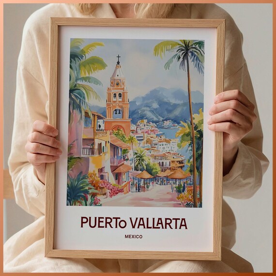 Puerto Vallarta Mexico Church Tower Boardwalk Watercolor Travel Poster