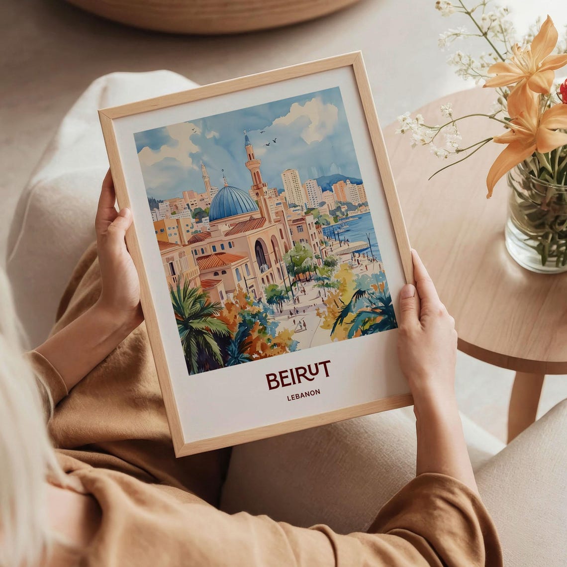 Beirut Lebanon Blue Dome Mosque Corniche Watercolor Travel Poster - Image 5