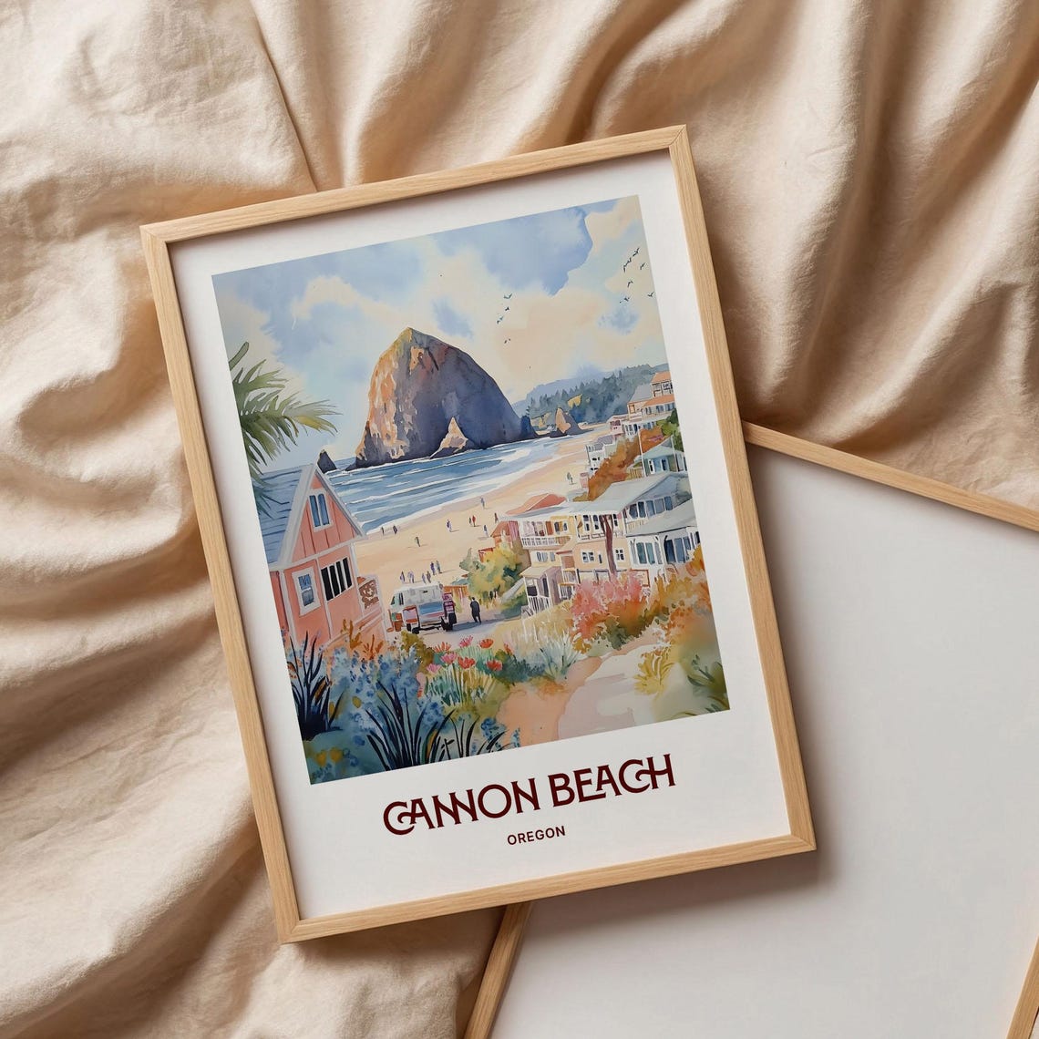 Cannon Beach Oregon Haystack Rock Seaside Watercolor Travel Poster - Image 3