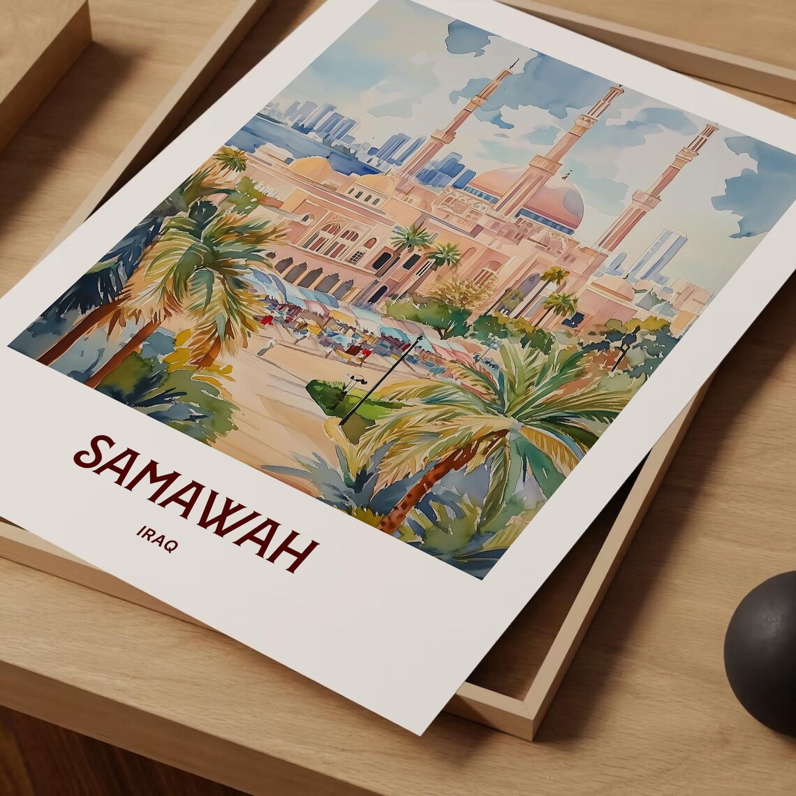 Samawah Iraq Watercolor Grand Mosque Minarets Palm Trees City Poster - Image 2