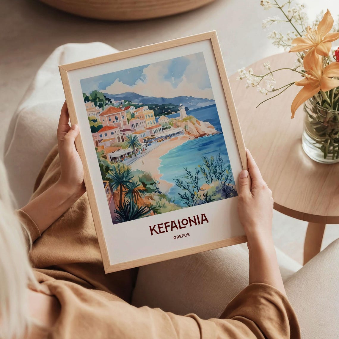 Kefalonia Greece Beach Cove Colorful Town Watercolor Travel Poster - Image 5