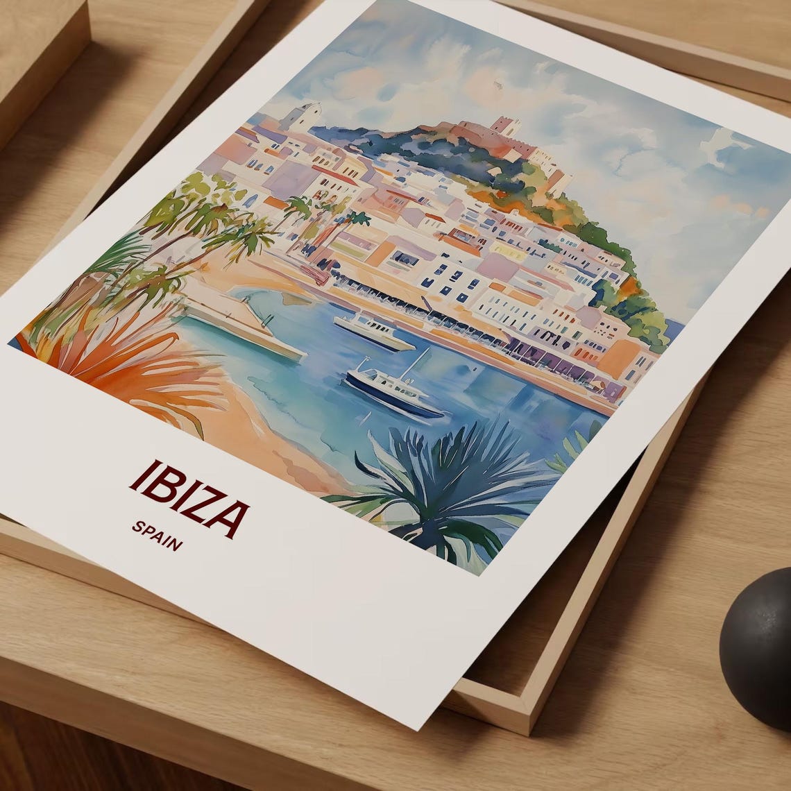 Ibiza Spain Whitewashed Old Town Harbor View Watercolor Poster - Image 2