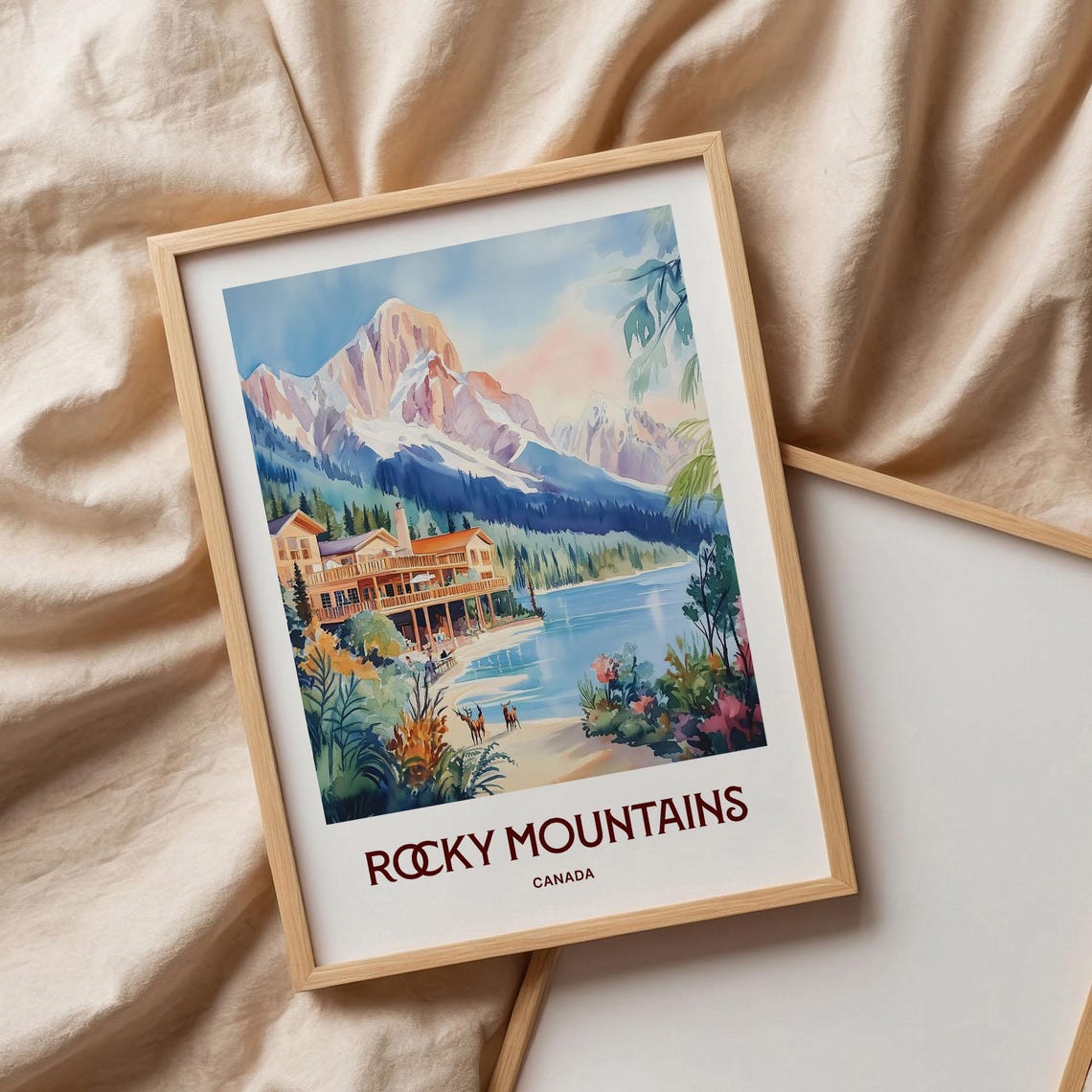 Canadian Rockies Lakeside Lodge Deer Watercolor Travel Poster Peaks - Image 3