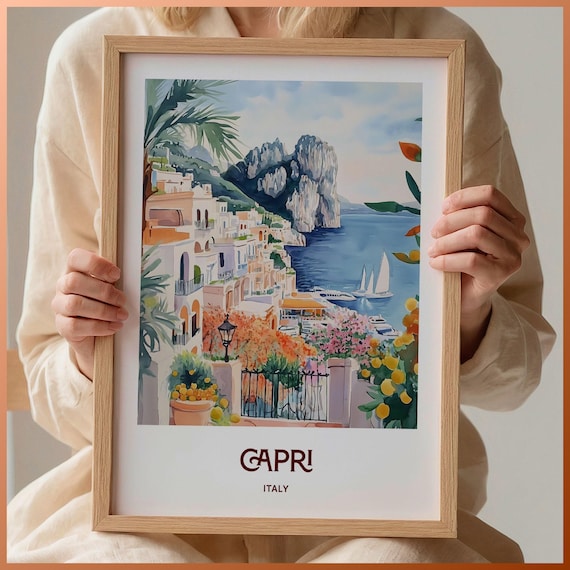 Capri Italy Faraglioni Cliffs Lemon Coast Watercolor Travel Poster