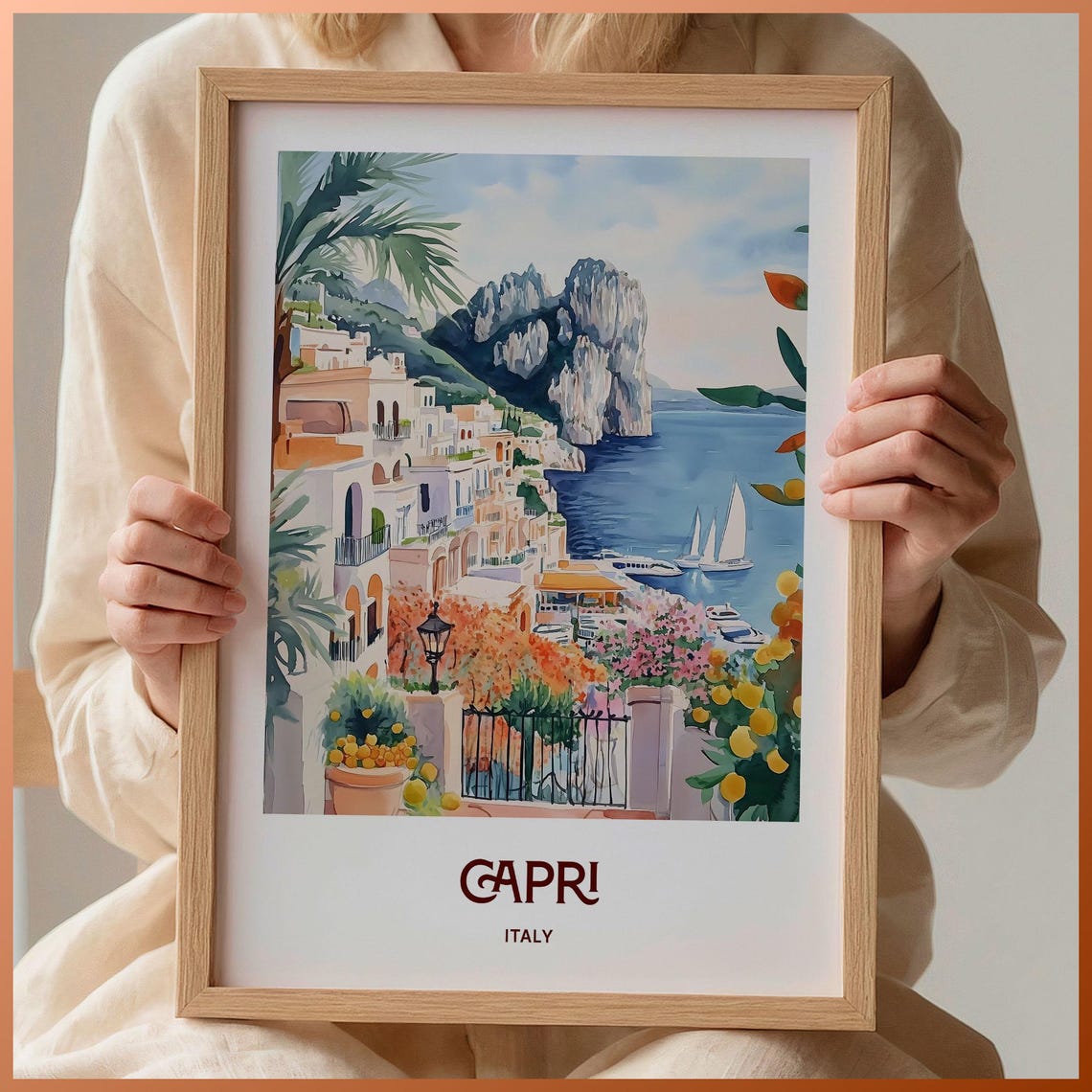 Capri Italy Faraglioni Cliffs Lemon Coast Watercolor Travel Poster