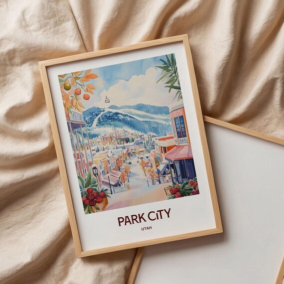 Park City Utah Main Street Ski Slopes Watercolor Travel Poster