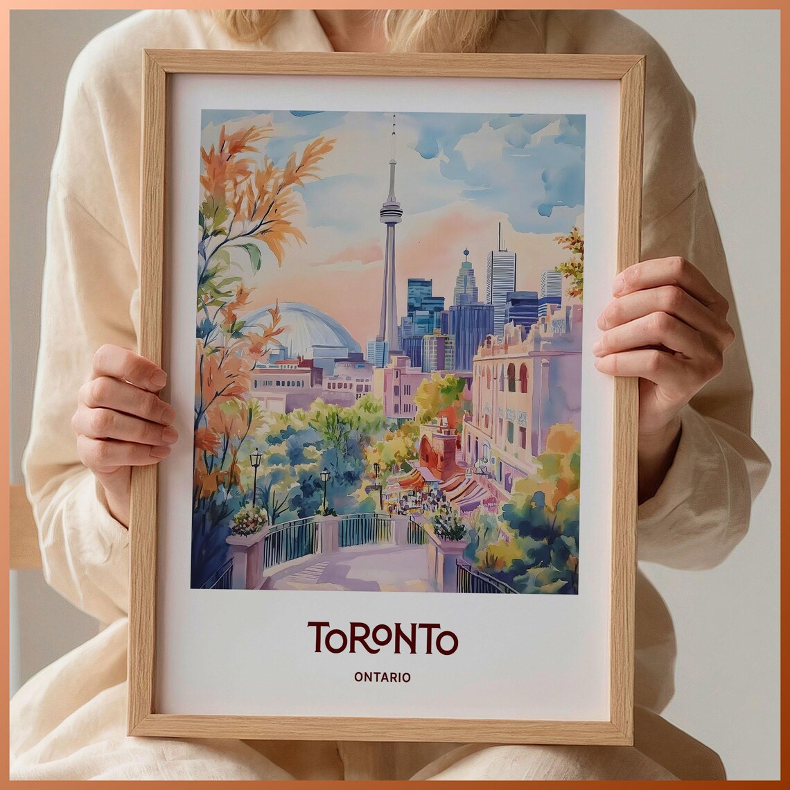 Toronto Ontario CN Tower Sunset Skyline Watercolor Travel Poster