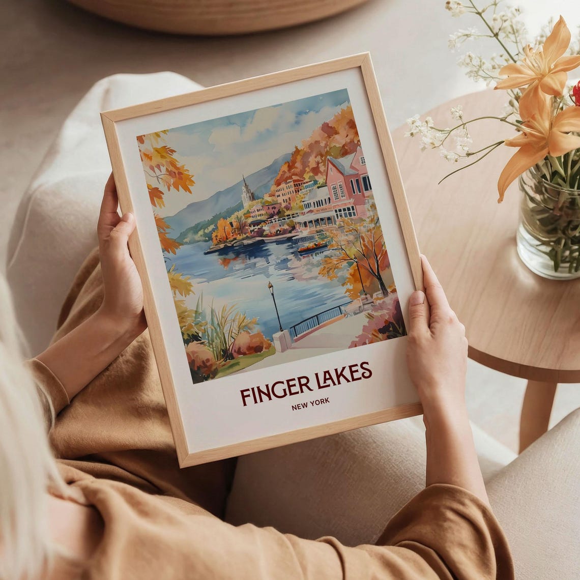 Finger Lakes Autumn Lake Town New York Watercolor Travel Poster - Image 5