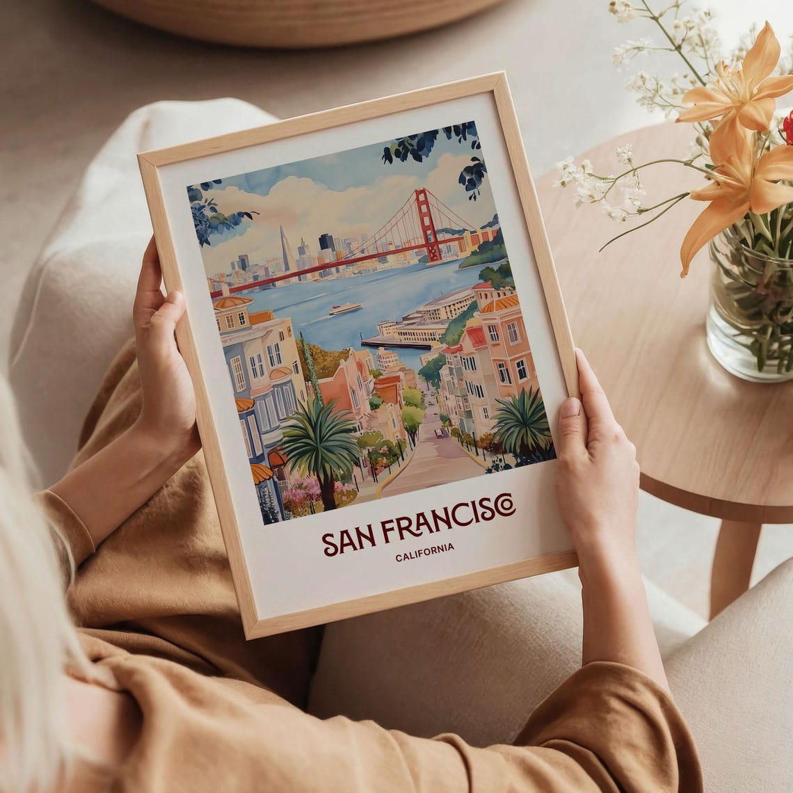San Francisco Golden Gate Bridge Hills Watercolor Travel Poster - Image 5