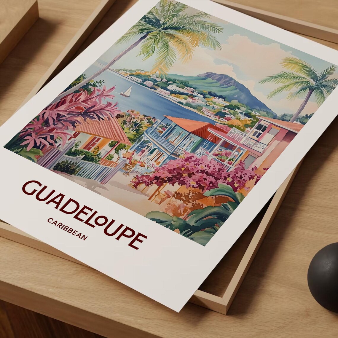Guadeloupe Caribbean Watercolor Bay Sailboats Hillside Town Flower Art Poster - Image 2