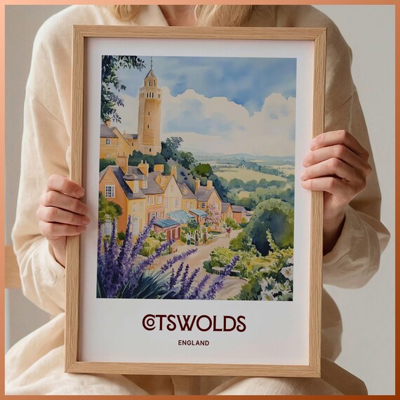 Cotswolds England Village Church Tower Lavender Watercolor Travel Poster