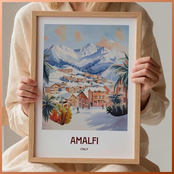 Amalfi Italy Watercolor Snowy Alpine Ski Village Winter Poster