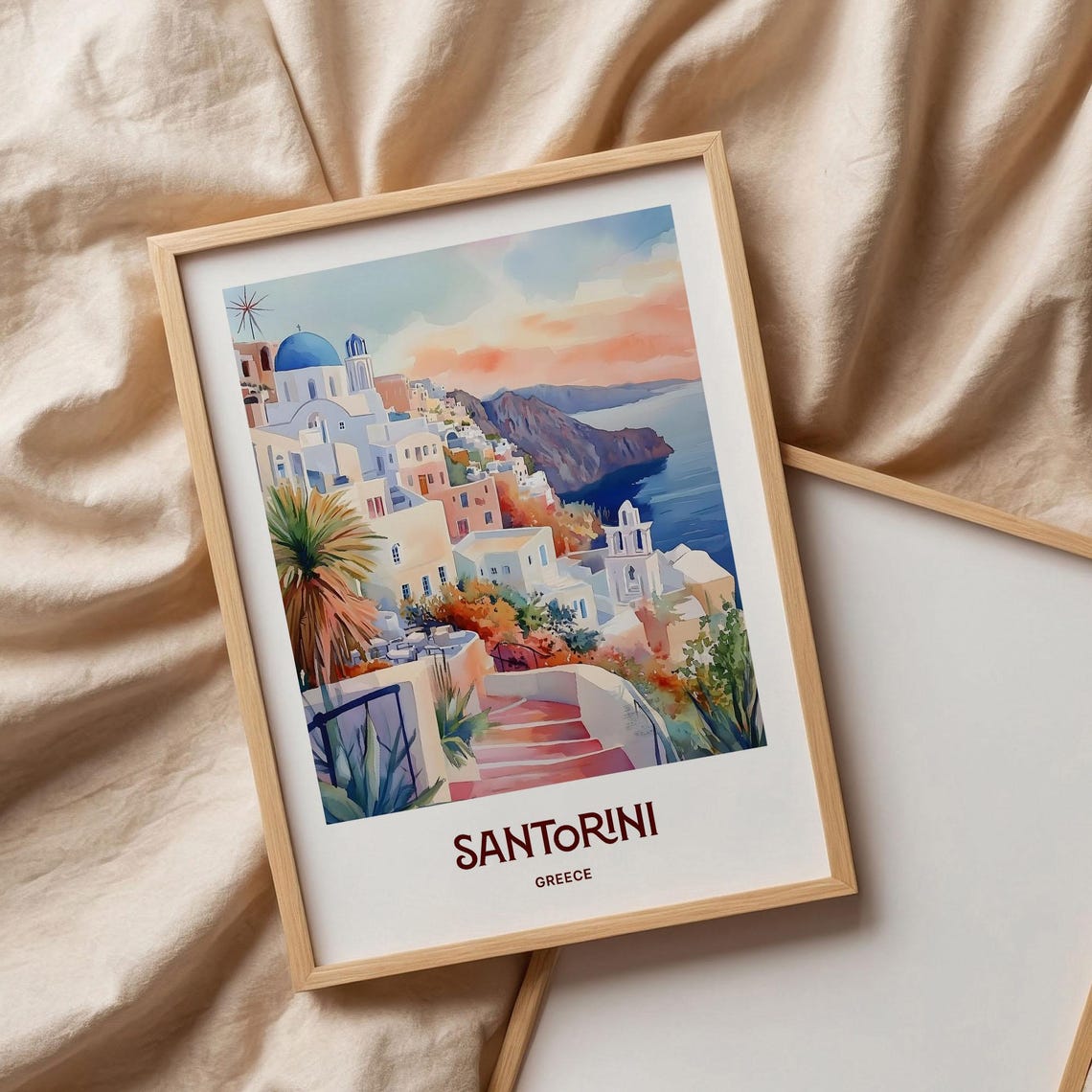 Santorini Greece Blue Dome Church Watercolor Island Travel Poster - Image 3
