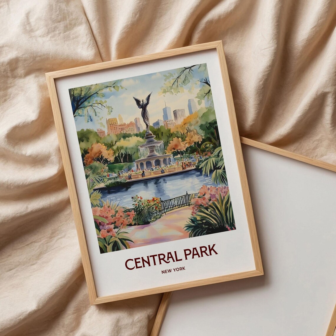 Central Park New York Watercolor Bethesda Fountain Angel Lake Scene Poster - Image 3
