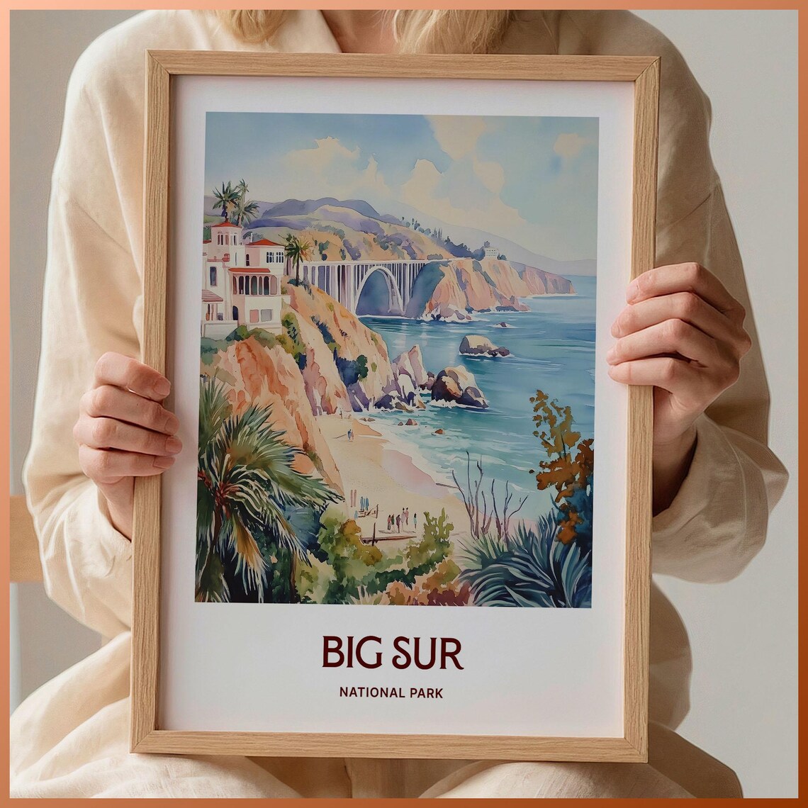 Big Sur California Coastal Bridge Watercolor Scenic Road Trip Travel Poster