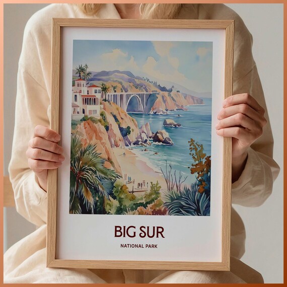 Big Sur California Coastal Bridge Watercolor Scenic Road Trip Travel Poster