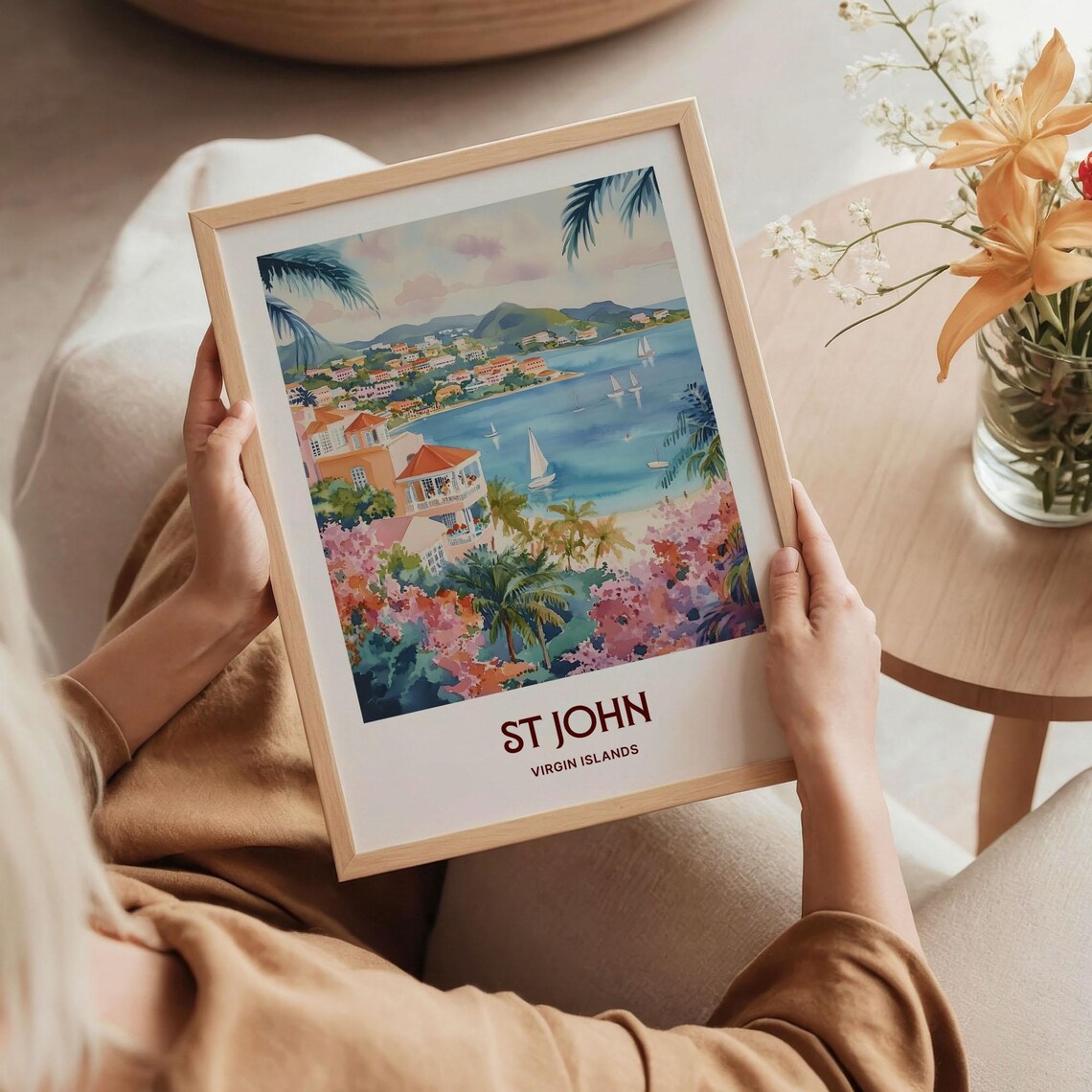 St John Virgin Islands Tropical Bay Sailboats Watercolor Travel Poster - Image 5