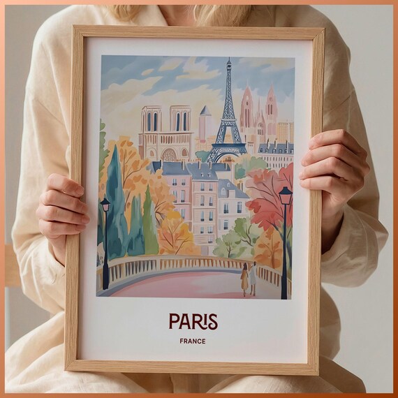 Paris France Autumn Eiffel Tower Notre Dame Watercolor Poster Art