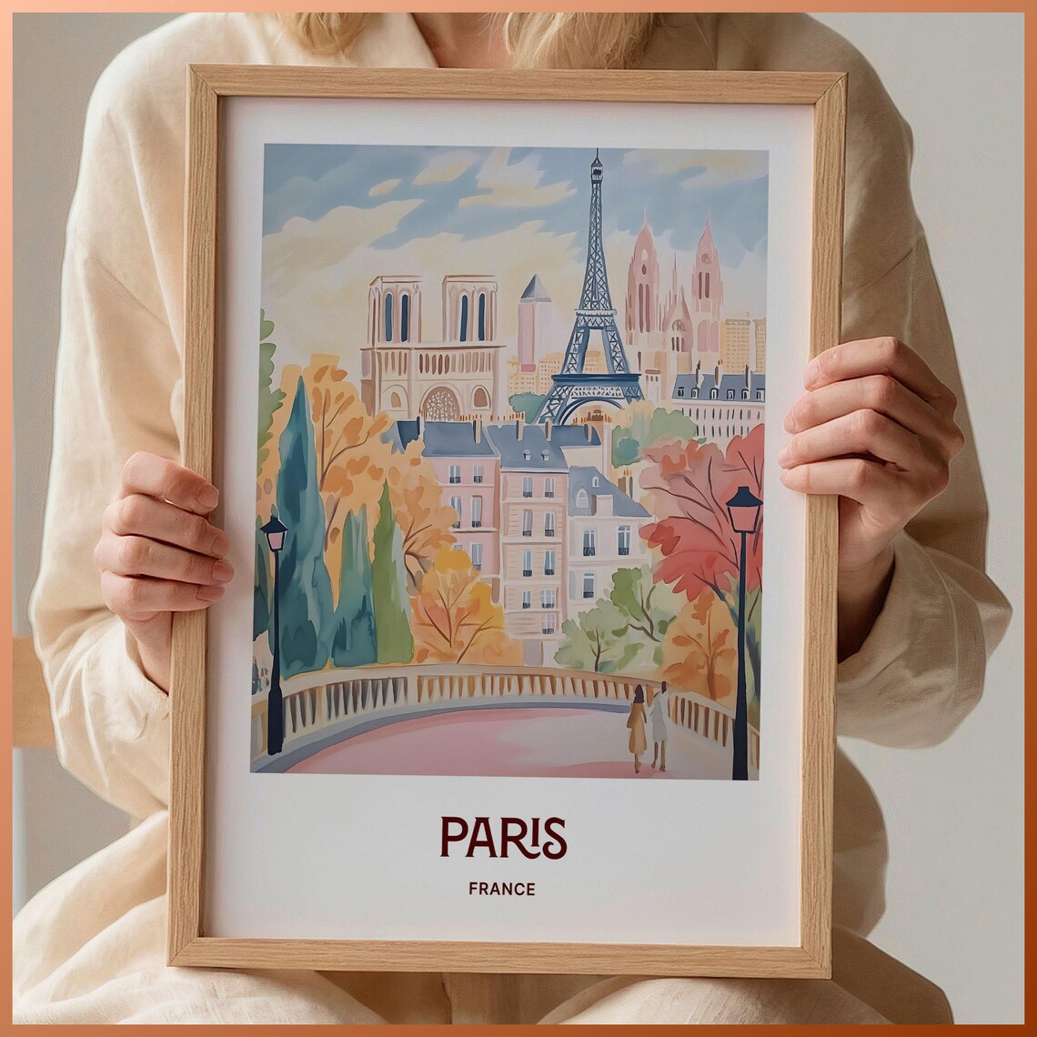 Paris France Autumn Eiffel Tower Notre Dame Watercolor Poster Art