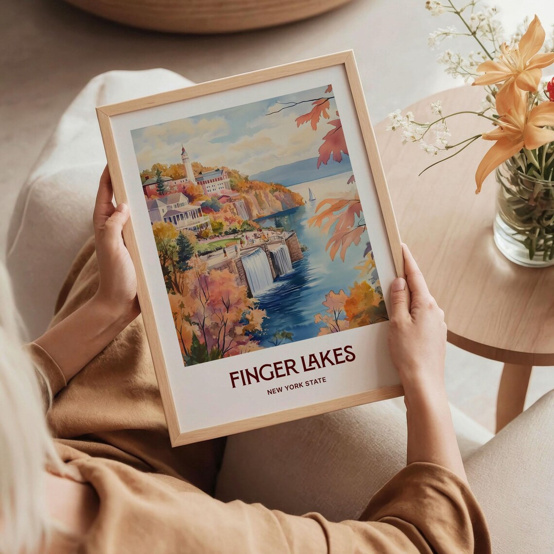 Finger Lakes New York Watercolor Autumn Waterfall Scene Poster - Image 5