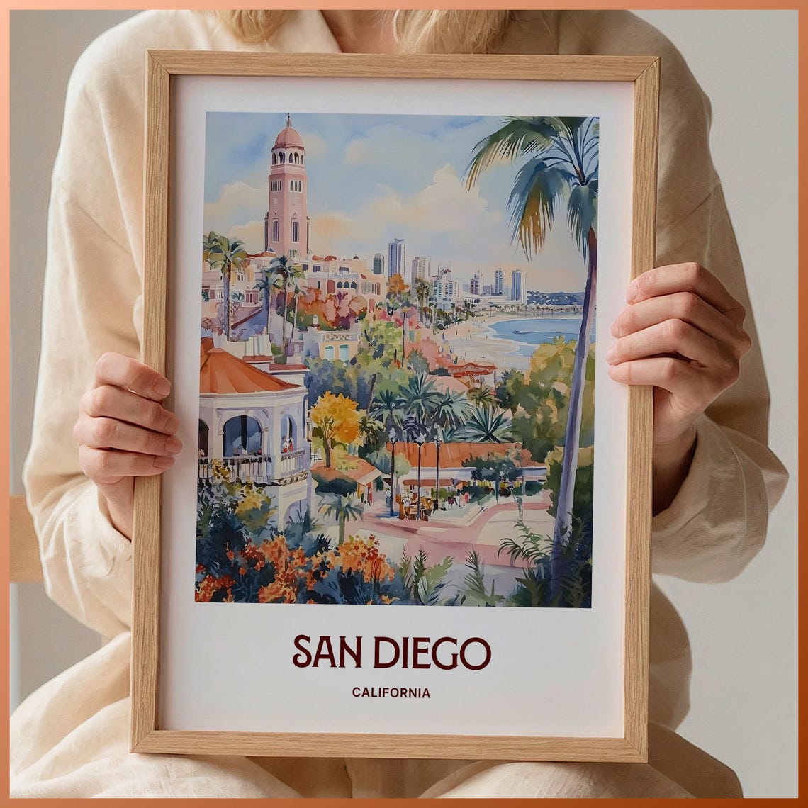 San Diego California Mission Style Bell Tower Coast Watercolor Poster