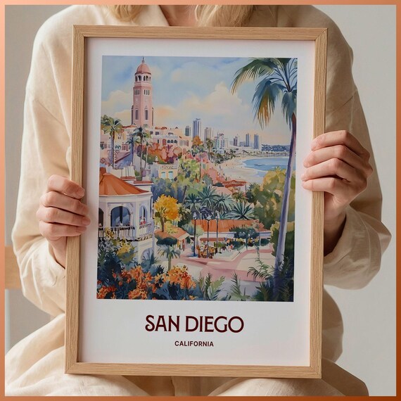 San Diego California Mission Style Bell Tower Coast Watercolor Poster