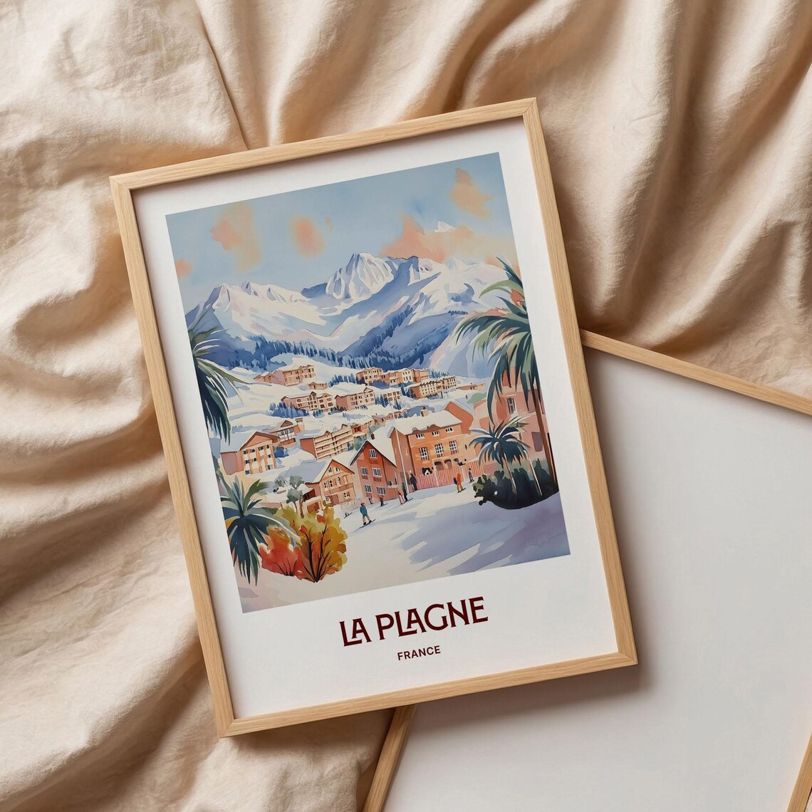 La Plagne France Snowy Ski Village Mountain Watercolor Travel Poster - Image 3