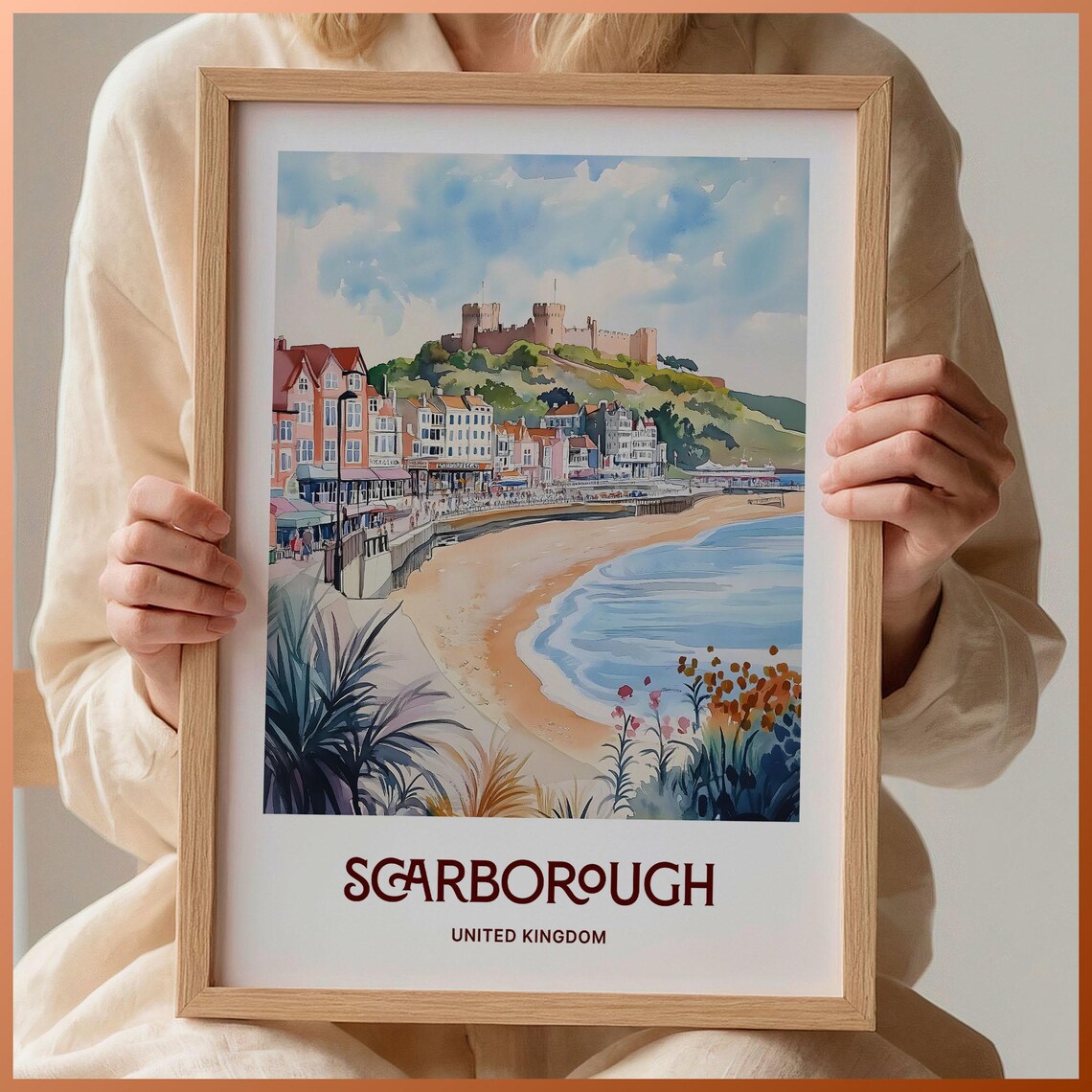 Scarborough England Castle Headland Beach Watercolor Seaside Poster