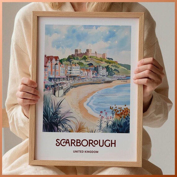 Scarborough England Castle Headland Beach Watercolor Seaside Poster