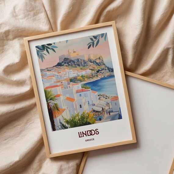 Lindos Greece Acropolis Cliff Village Watercolor Travel Poster