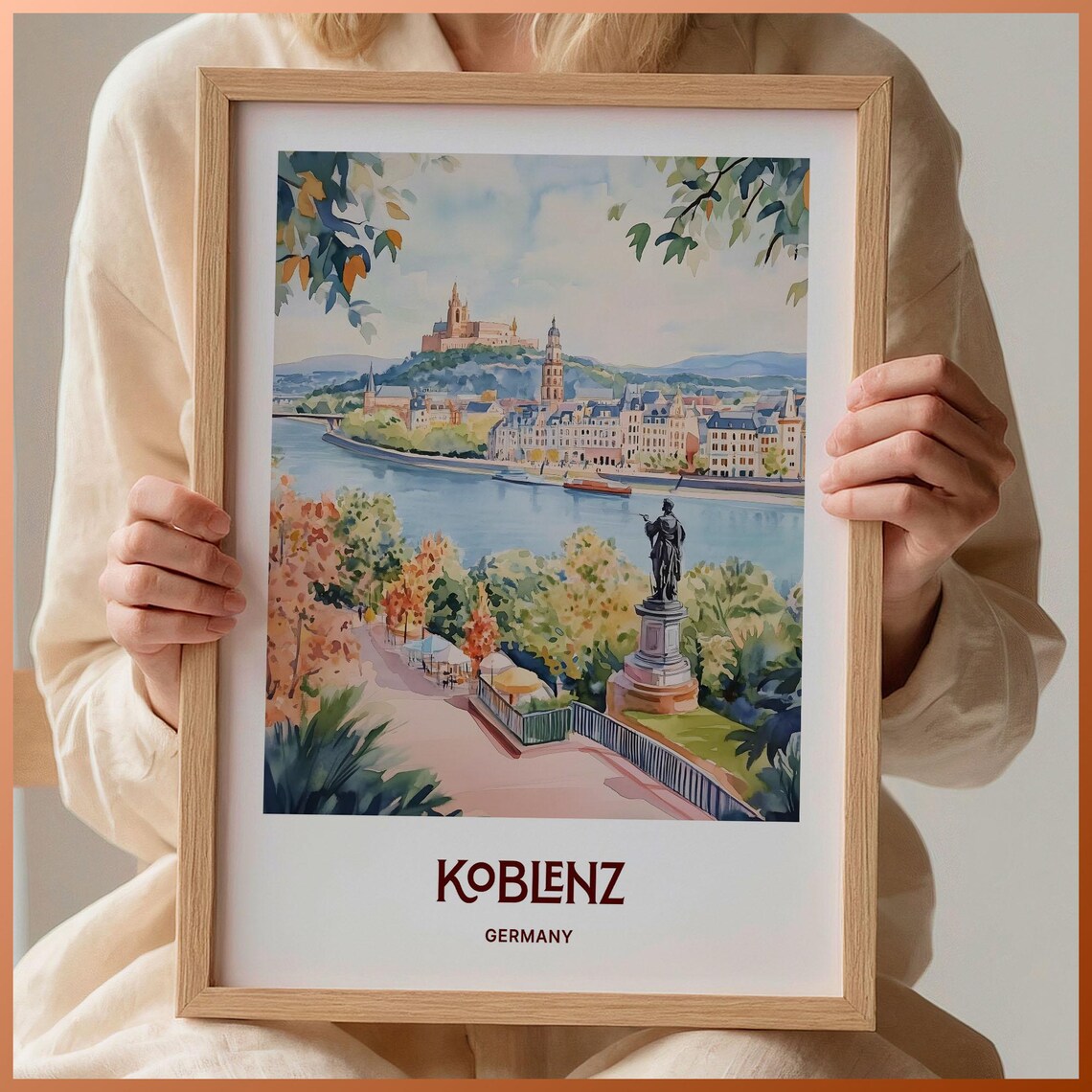 Koblenz Germany Historic Watercolor Rhine Fortress View Poster