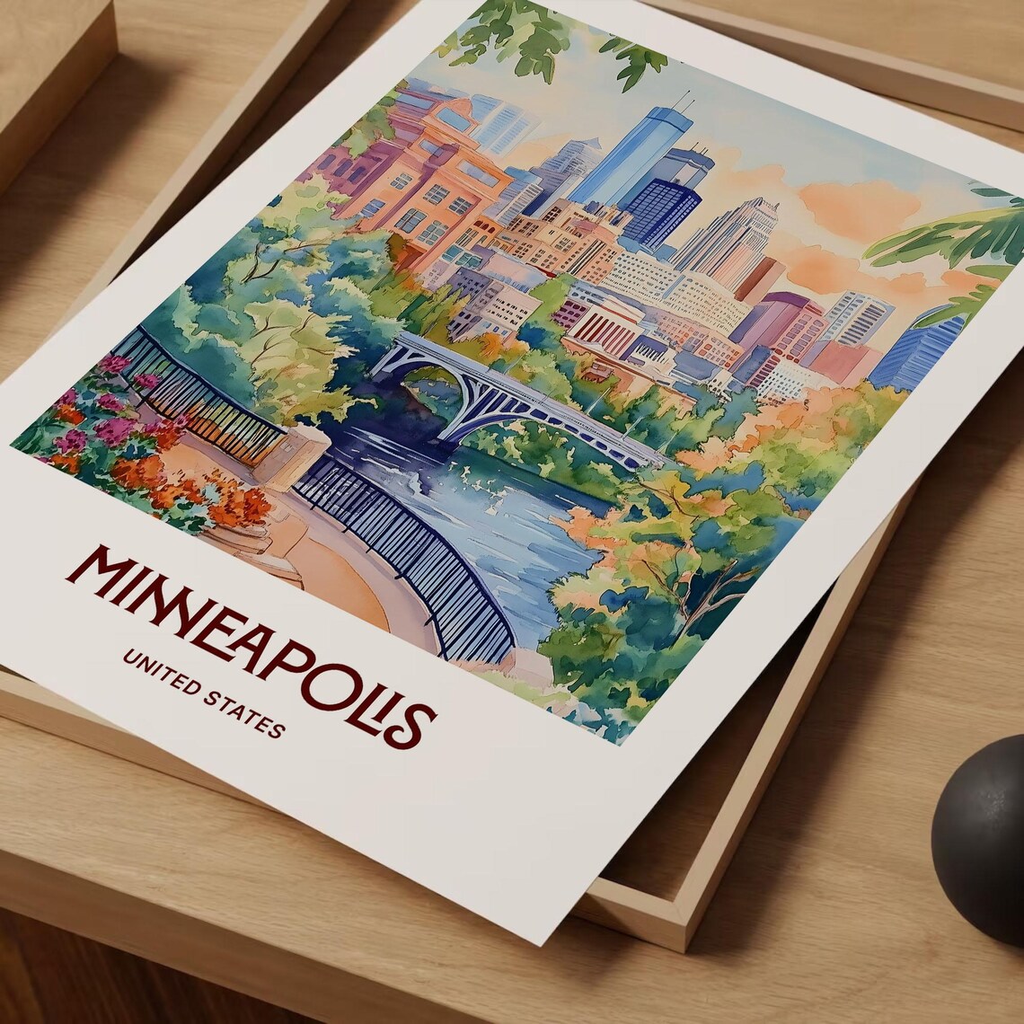 Minneapolis Minnesota Skyline River Bridge Watercolor Travel Poster - Image 2