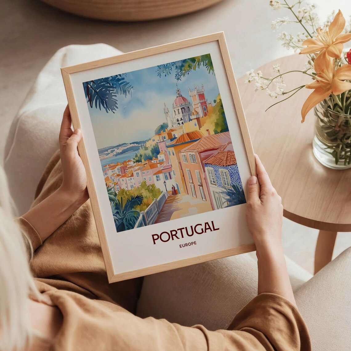 Portugal Coastal Town Waterfront Church Tile Facades Watercolor Travel Poster - Image 5